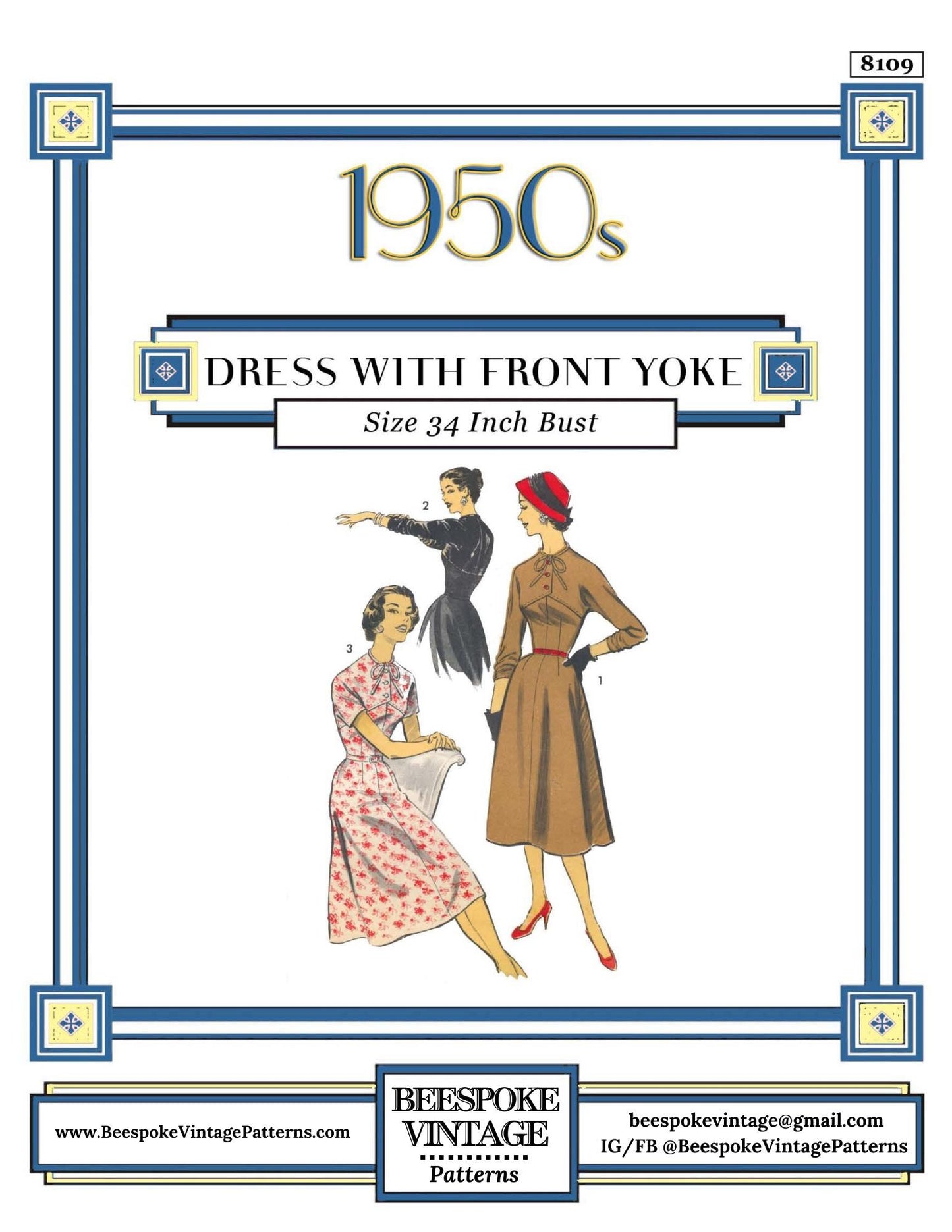 1950s Ladies Dress with Front Yoke - Reproduction 1956 Sewing Pattern #F8109 - 34 Inch Bust