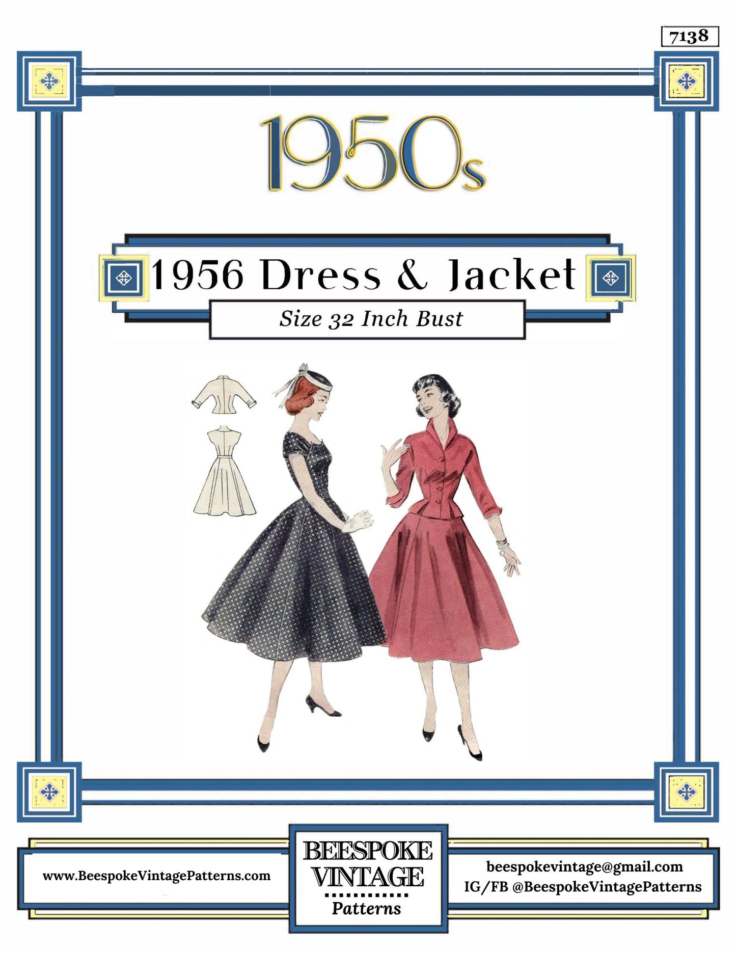 1950s Ladies Dress with Jacket - Reproduction 1954 Sewing Pattern #F7138 - 32 Inch Bust