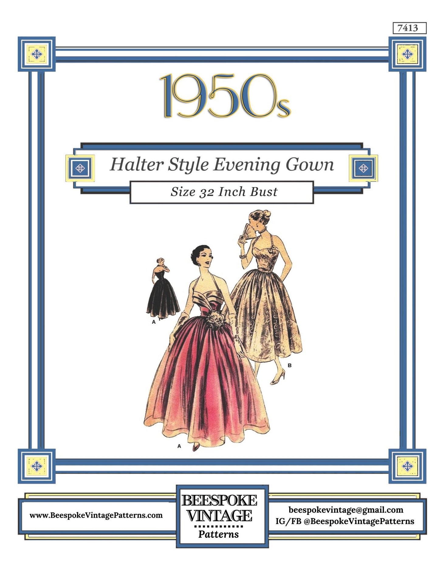 1950s Ladies Formal Dress or Gown - Reproduction 1951 Sewing Pattern #F7413 - 32 Inch Bust
