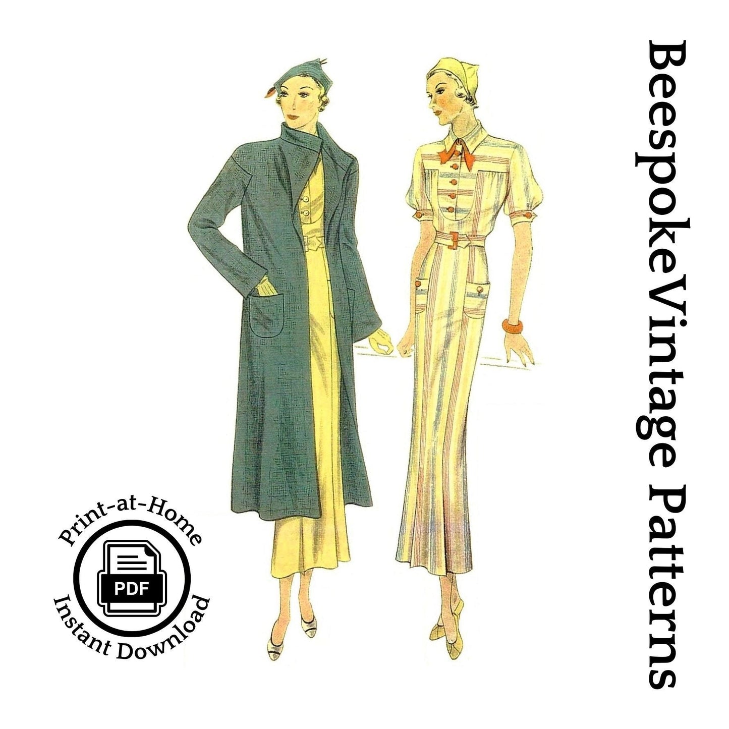1930s Dress and Coat - Bust 36" - vintage sz 18 - Reproduction Vintage Pattern #T1418 - PDF - Copy Shop Only
