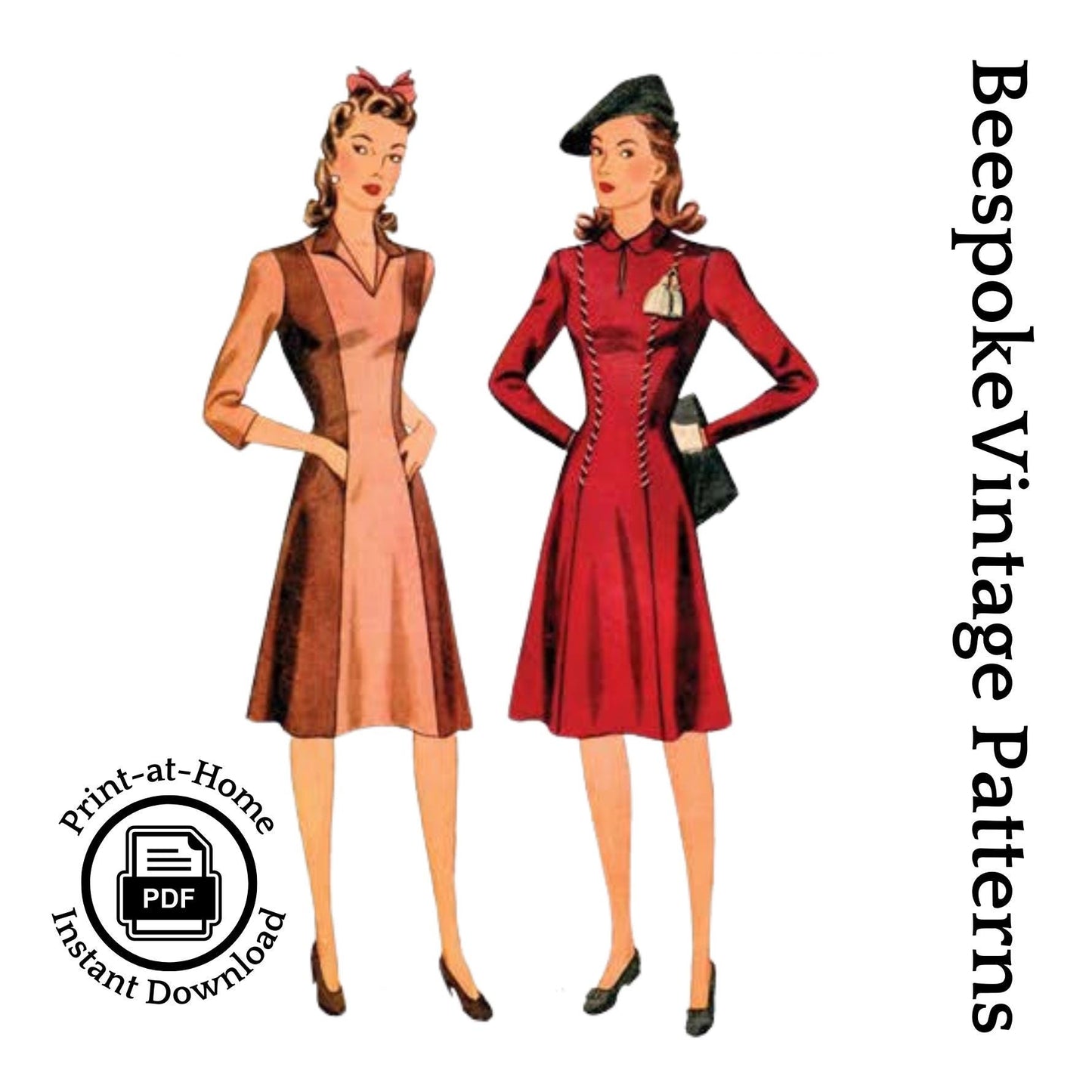 1940s Day Dress With On Seam Pockets - INSTANT DOWNLOAD - Reproduction 1942 Sewing Pattern #F4400 - 33 Inch Bust - PDF - Print At Home