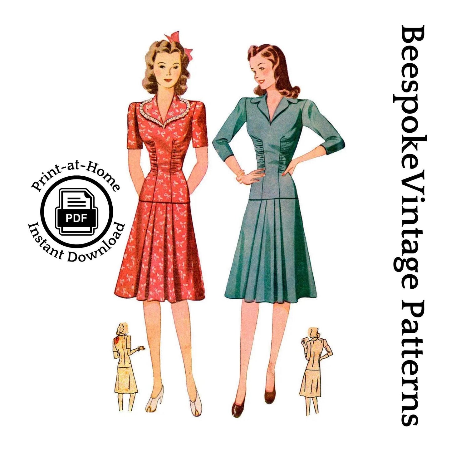 1940s Ladies Two Piece Day Dress - INSTANT DOWNLOAD - Reproduction 1941 Sewing Pattern #F4227 - 34 Inch Bust - PDF - Print At Home