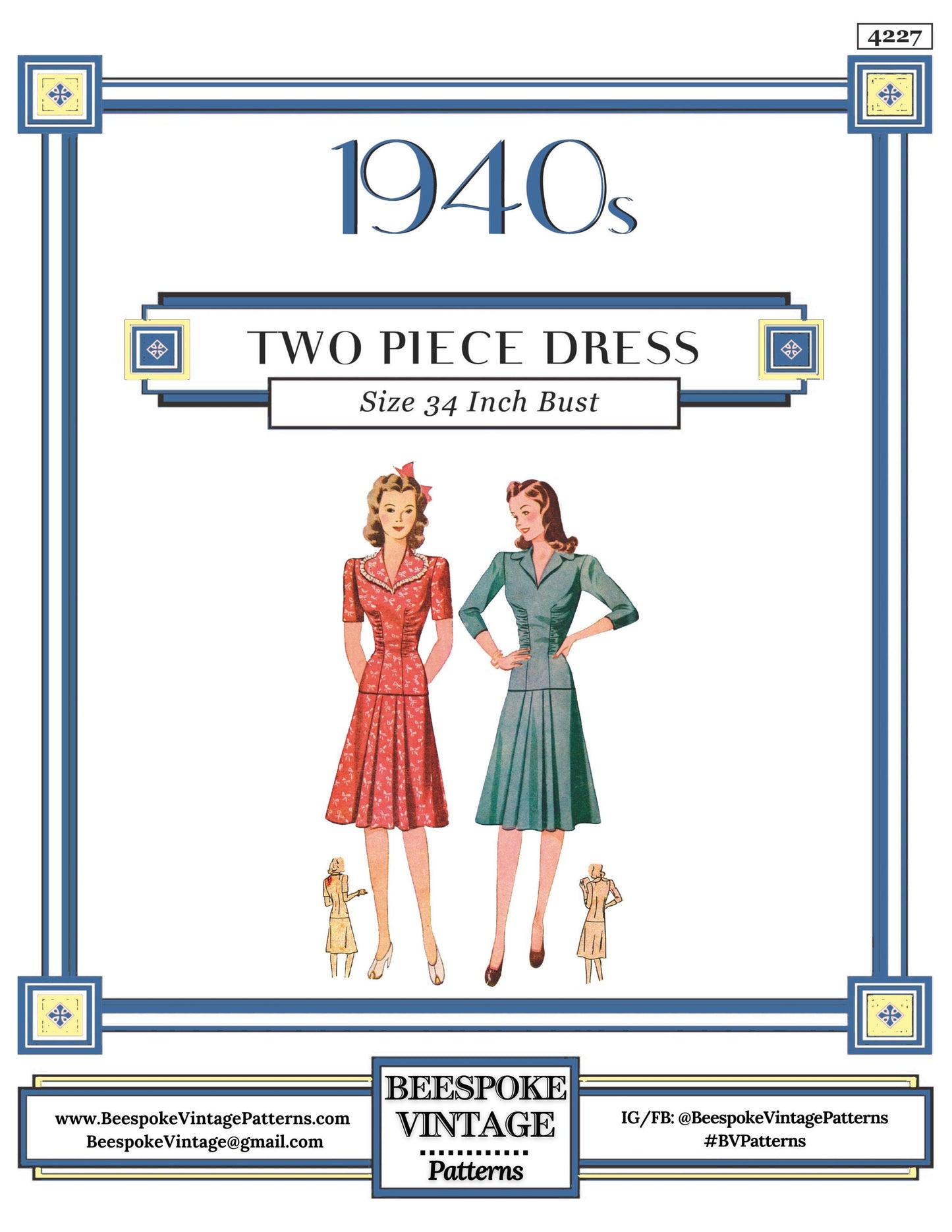 1940s Ladies Two Piece Day Dress - INSTANT DOWNLOAD - Reproduction 1941 Sewing Pattern #F4227 - 34 Inch Bust - PDF - Print At Home
