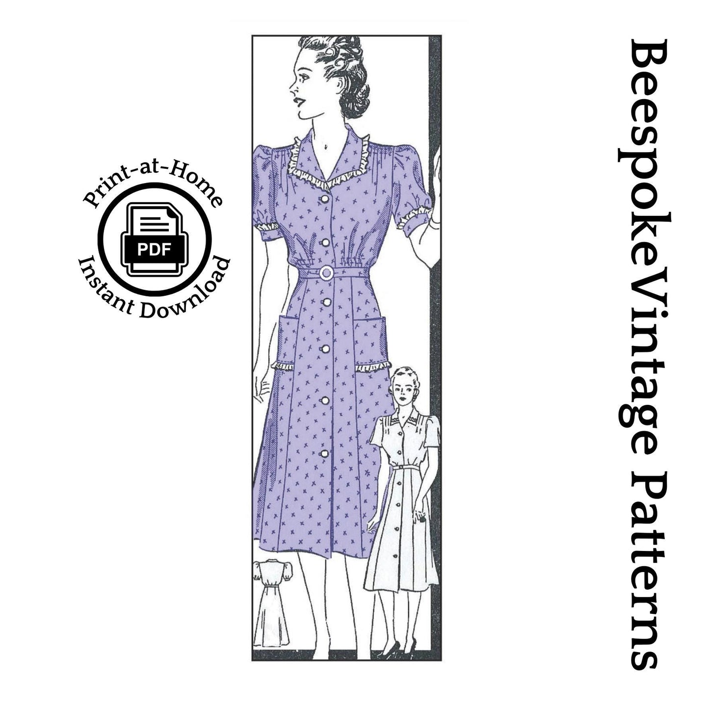 1940s Ladies Day Dress with Optional Detailing - INSTANT DOWNLOAD - Reproduction Sewing Pattern #F9961 - 44 Inch Bust - PDF - Print At Home