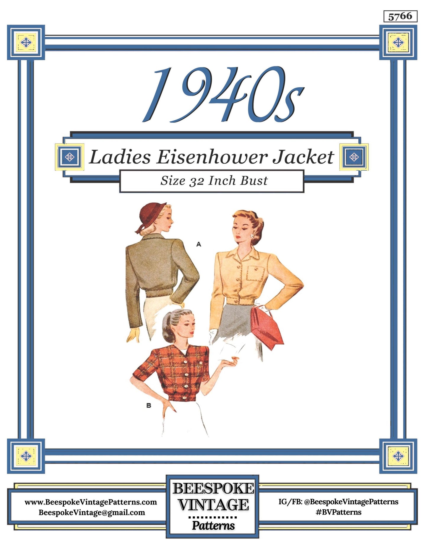 1940s Ladies Eisenhower Style Jacket - INSTANT DOWNLOAD - Reproduction 1944 Sewing Pattern #F5766 - 32/34 Inch Bust - PDF - Print At Home