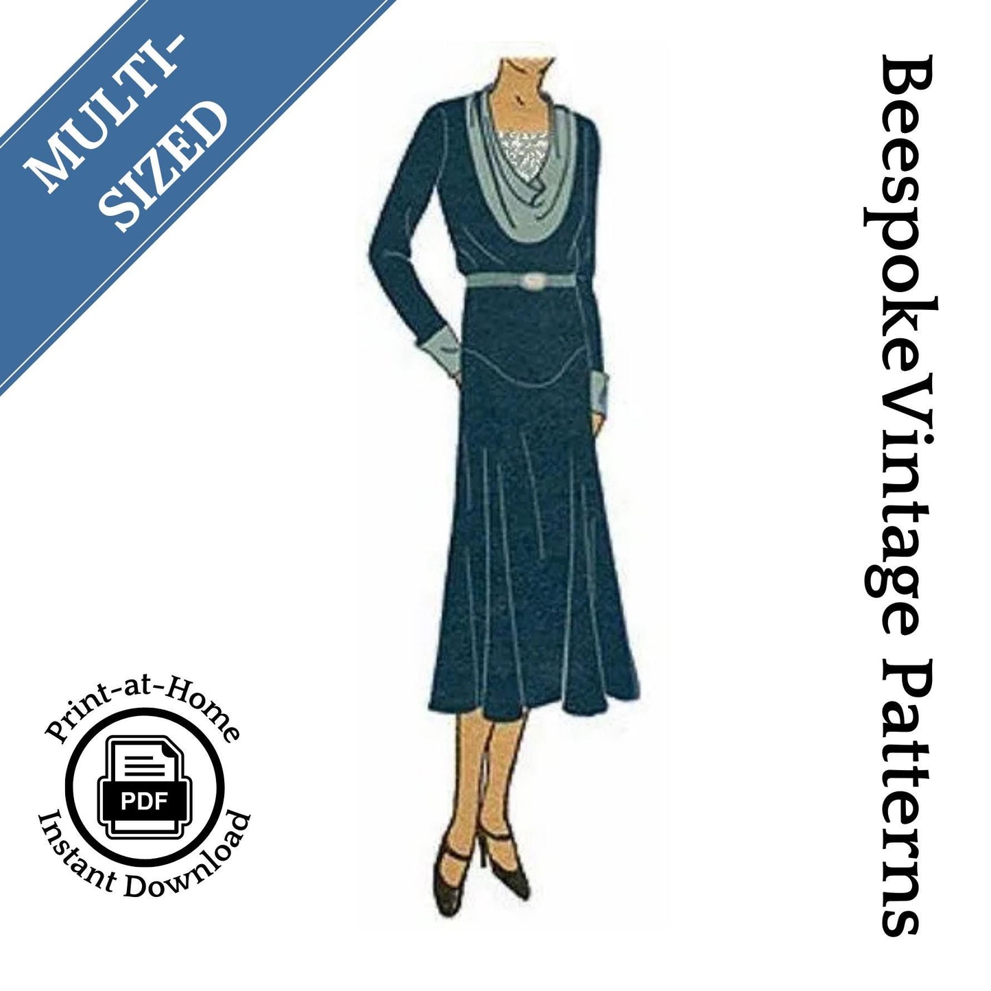 1930 Ladies Dress with Cowl Neckline - Reproduction Sewing Pattern #T6585 - MULTI-SIZED Bust 34-38" Print-at-Home