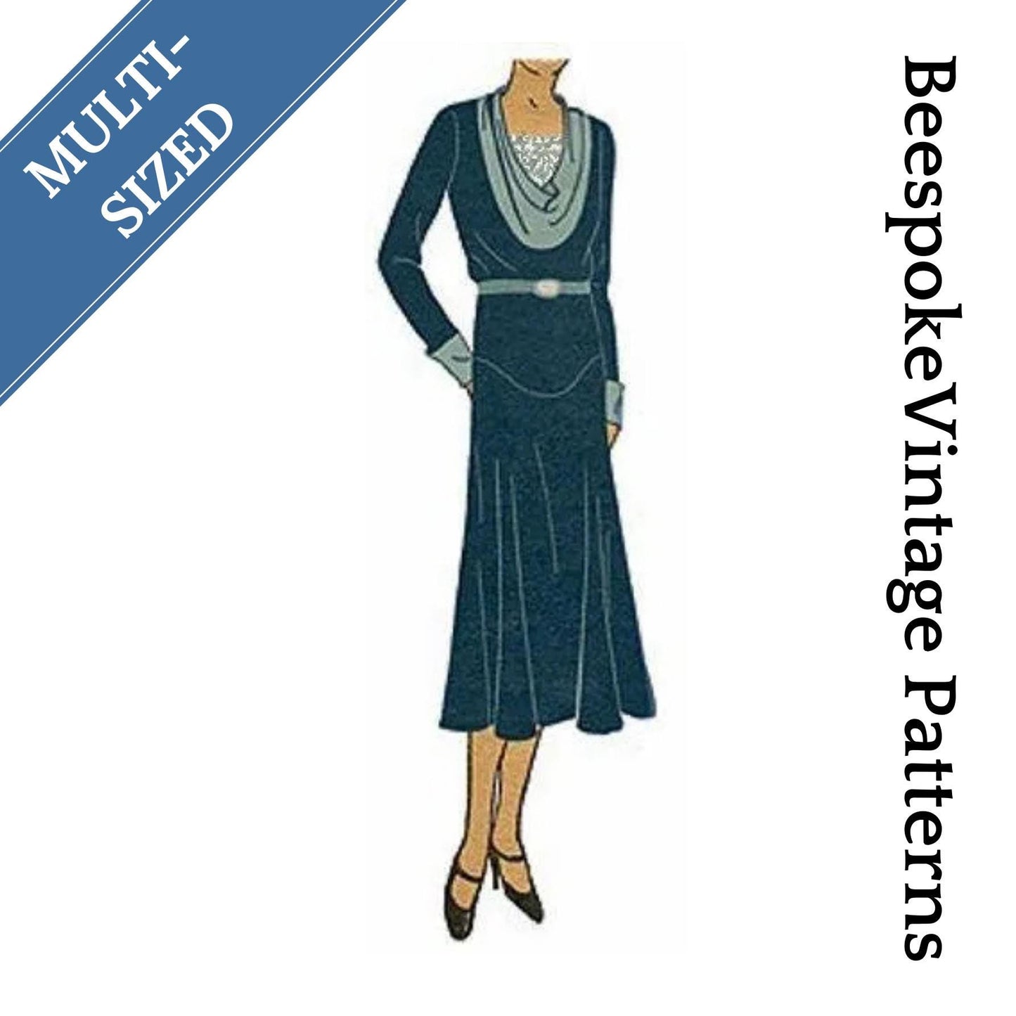 1930 Ladies Dress with Cowl Neckline - Pattern #T6585 - Multi Sized Format
