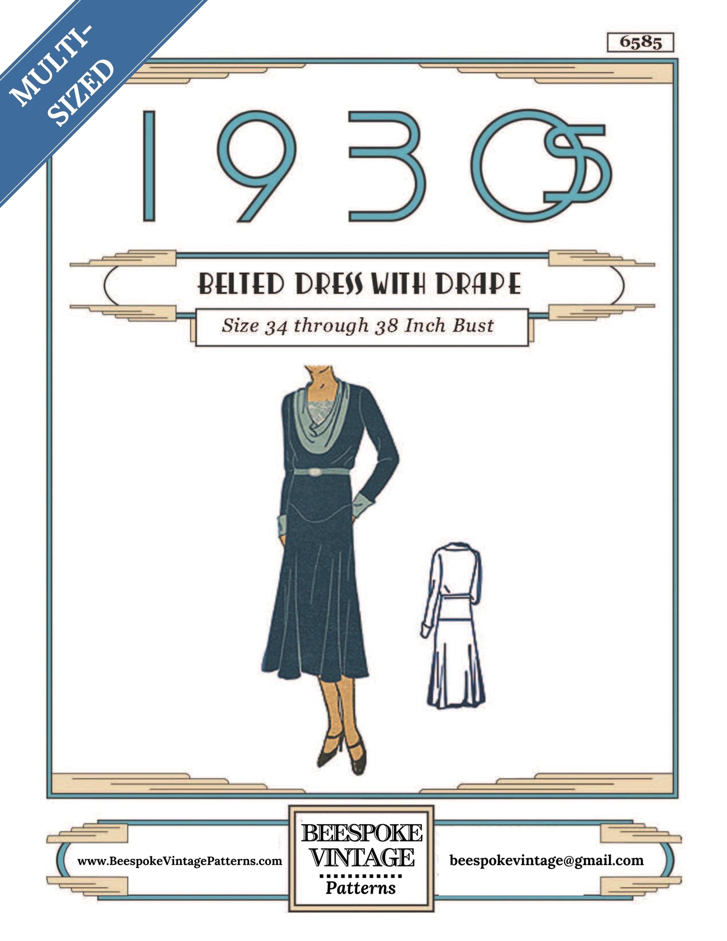 1930 Ladies Dress with Cowl Neckline - Reproduction Sewing Pattern #T6585 - MULTI-SIZED Bust 34-38" Print-at-Home