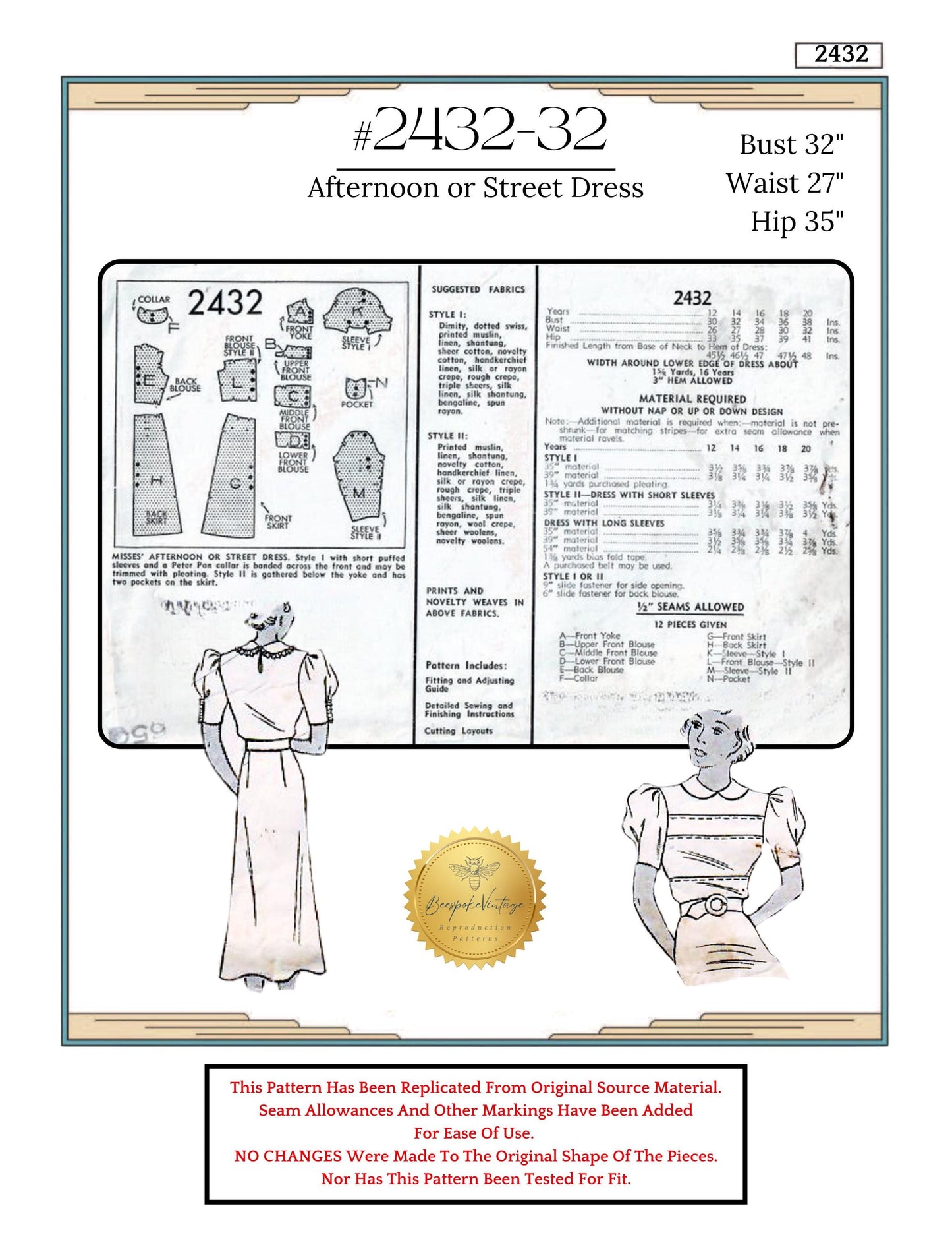 1930s Puffed Sleeve Tucked Front Dress Reproduction Vintage Pattern #2432 - Bust 32" PDF Print-At-Home