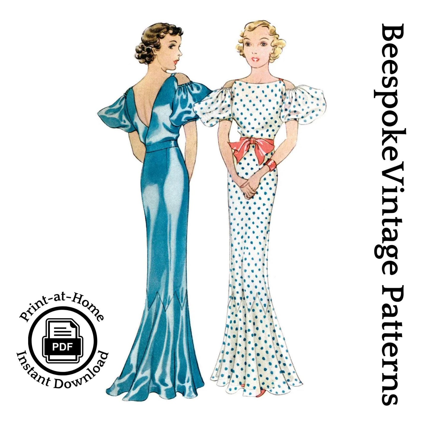 1930s Ladies Evening Gown With Drop Sleeves - INSTANT DOWNLOAD - Reproduction 1934 Sewing Pattern #T7903 - 38 Inch Bust -PDF - Print At Home