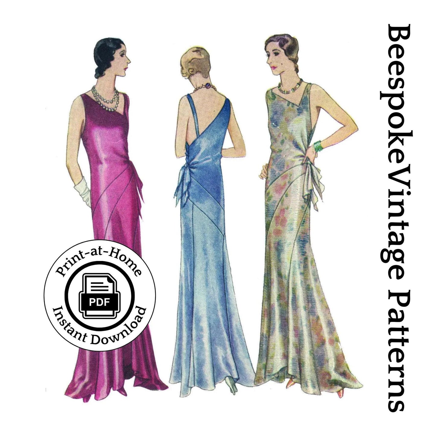 1930 Art Deco Evening Gown with Bias Bands - INSTANT DOWNLOAD - Print Shop Only - Pattern #T6298 - 42 Inch Bust - PDF