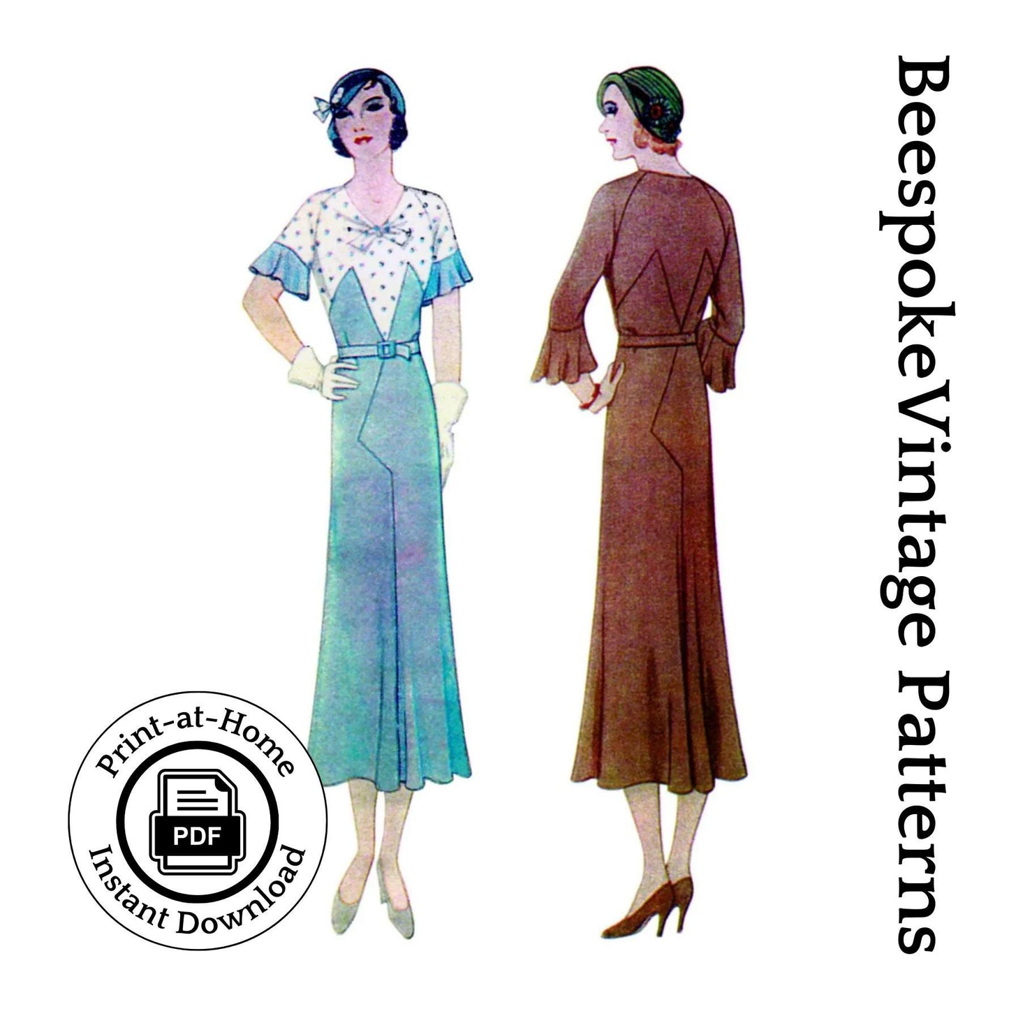 1930s Art Deco Style Dress With Sleeve Flare - INSTANT DOWNLOAD - Reproduction 1932 Sewing Pattern #T6895 - 38 Inch Bust -PDF- Print At Home