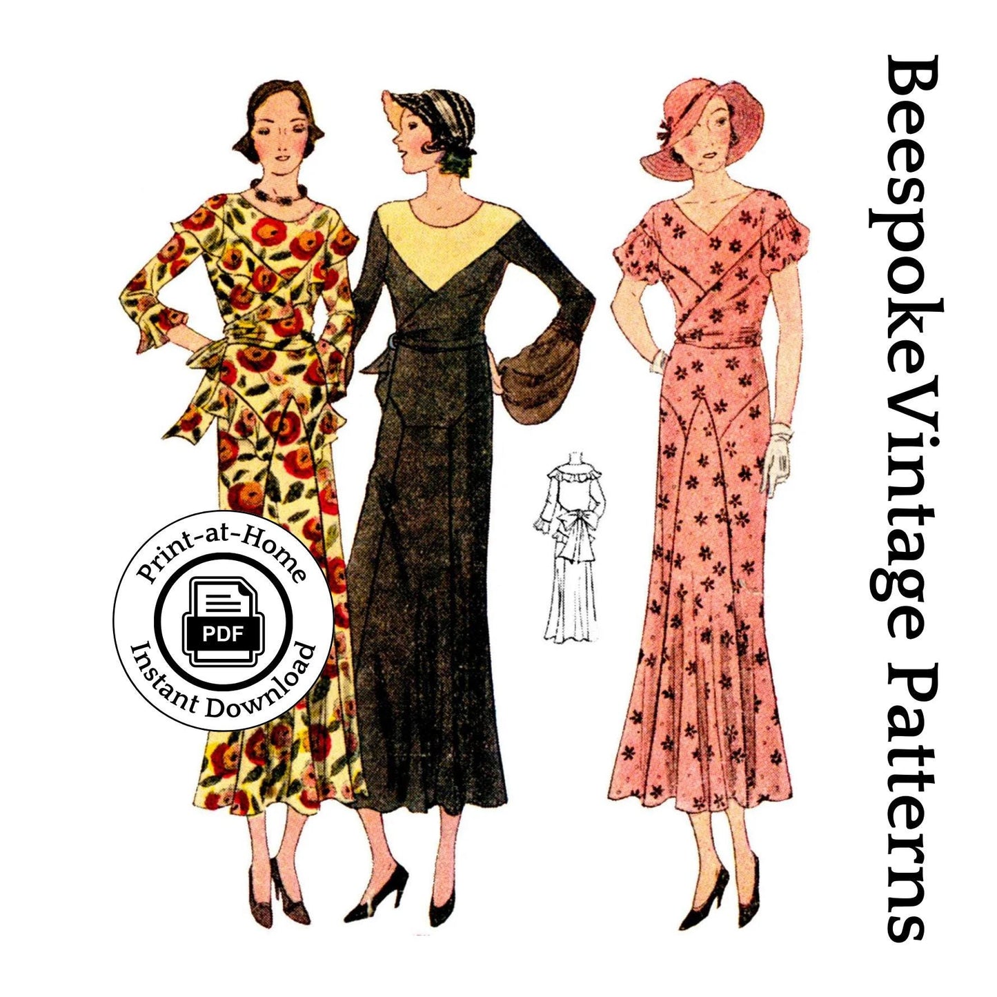 1930s Ladies Afternoon Dress In Three Styles - INSTANT DOWNLOAD - Reproduction 1932 Sewing Pattern #T1060 - 36 Inch Bust -PDF- Print At Home