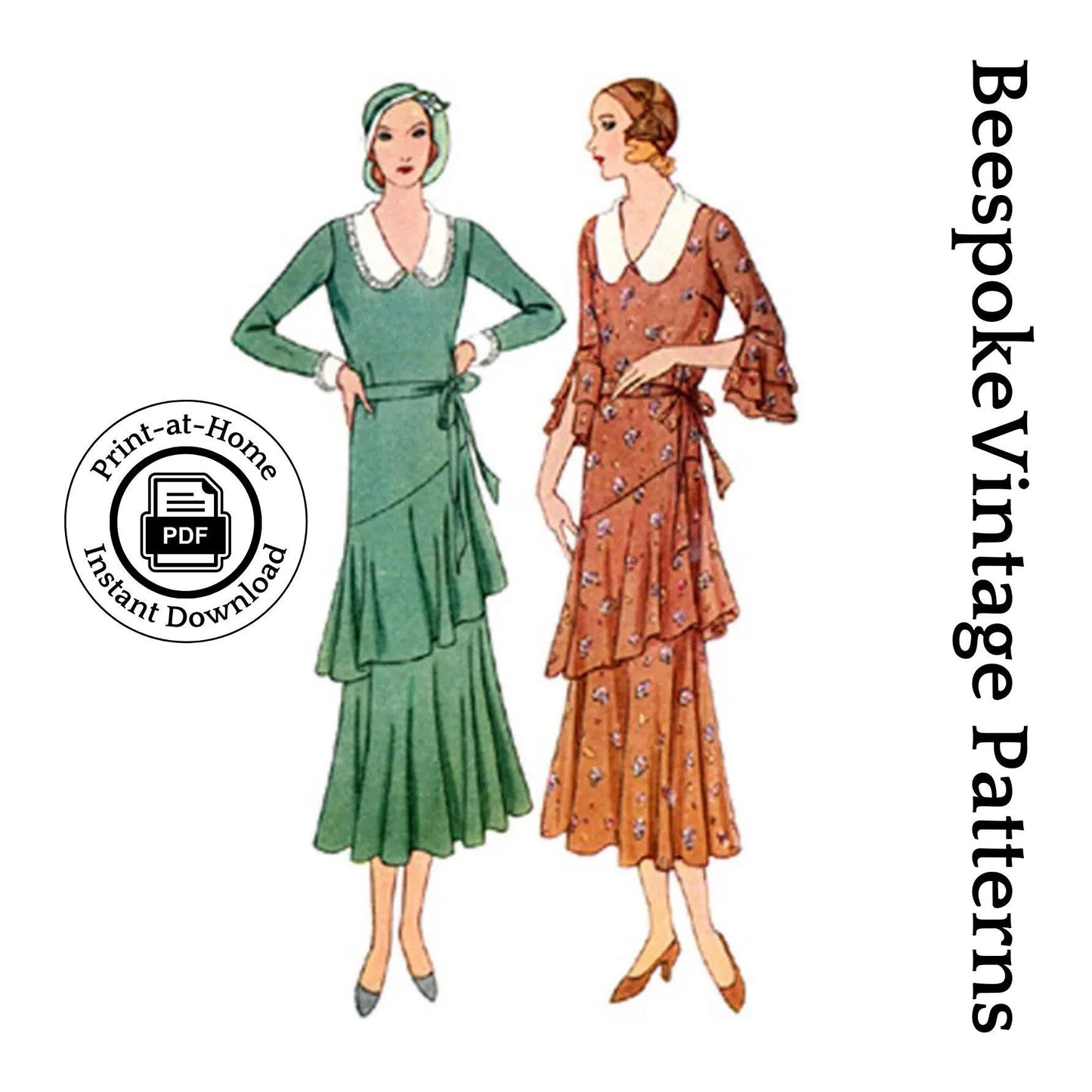 1930s Ladies Dress With Flounces - INSTANT DOWNLOAD - Large Format Version Only - Reproduction 1931 Sewing Pattern #T6632- 34 Inch Bust -PDF