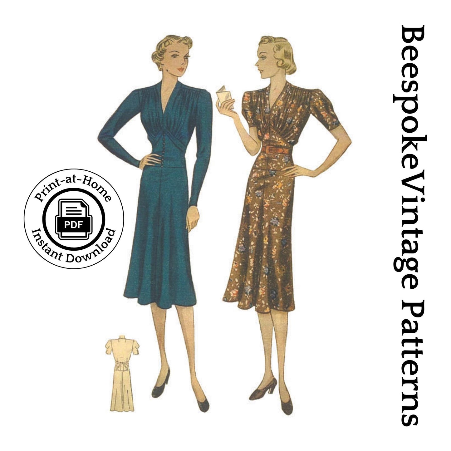 1930s Ladies Dress With Softly Gathered Bodice - INSTANT DOWNLOAD - Reproduction 1938 Sewing Pattern #T2930 PDF - Print At Home