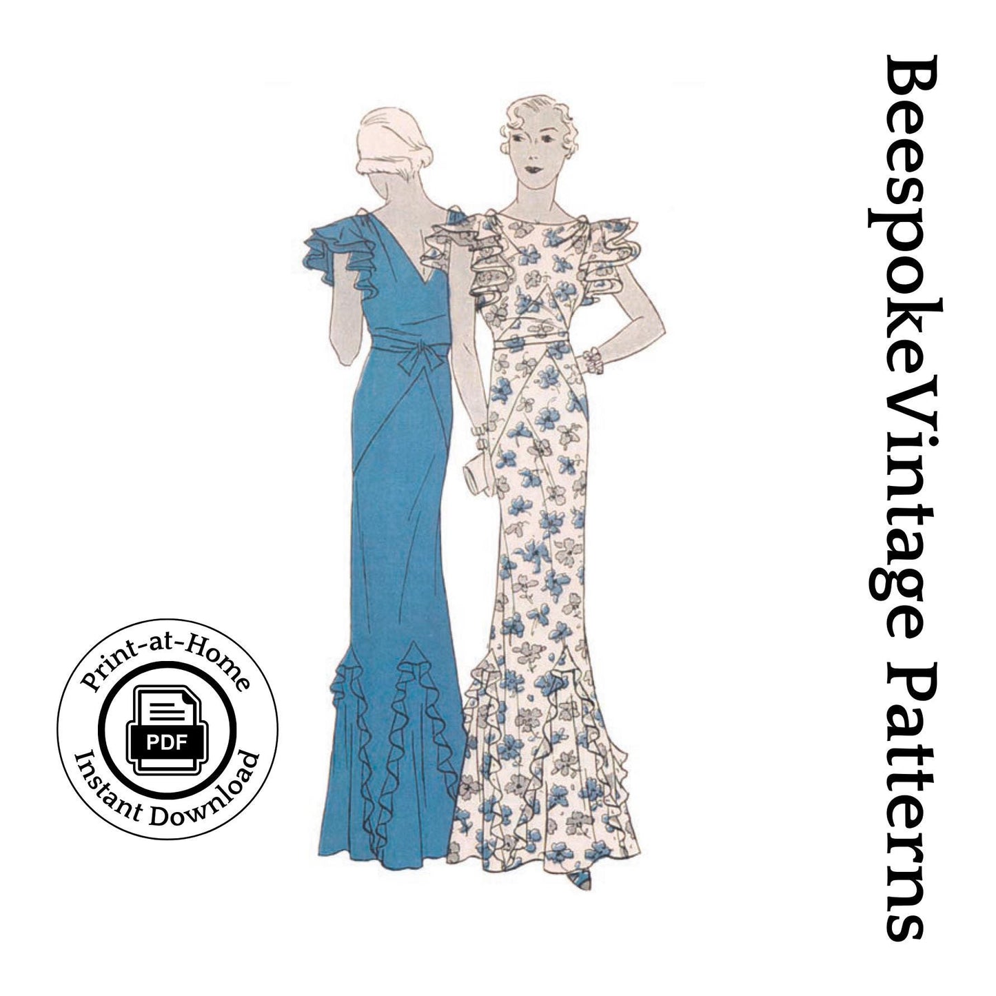 1930s Ladies Evening Gown With Ruffle Godets - INSTANT DOWNLOAD - Reproduction 1934 Sewing Pattern #T0886 - 32 Inch Bust -PDF- Print At Home