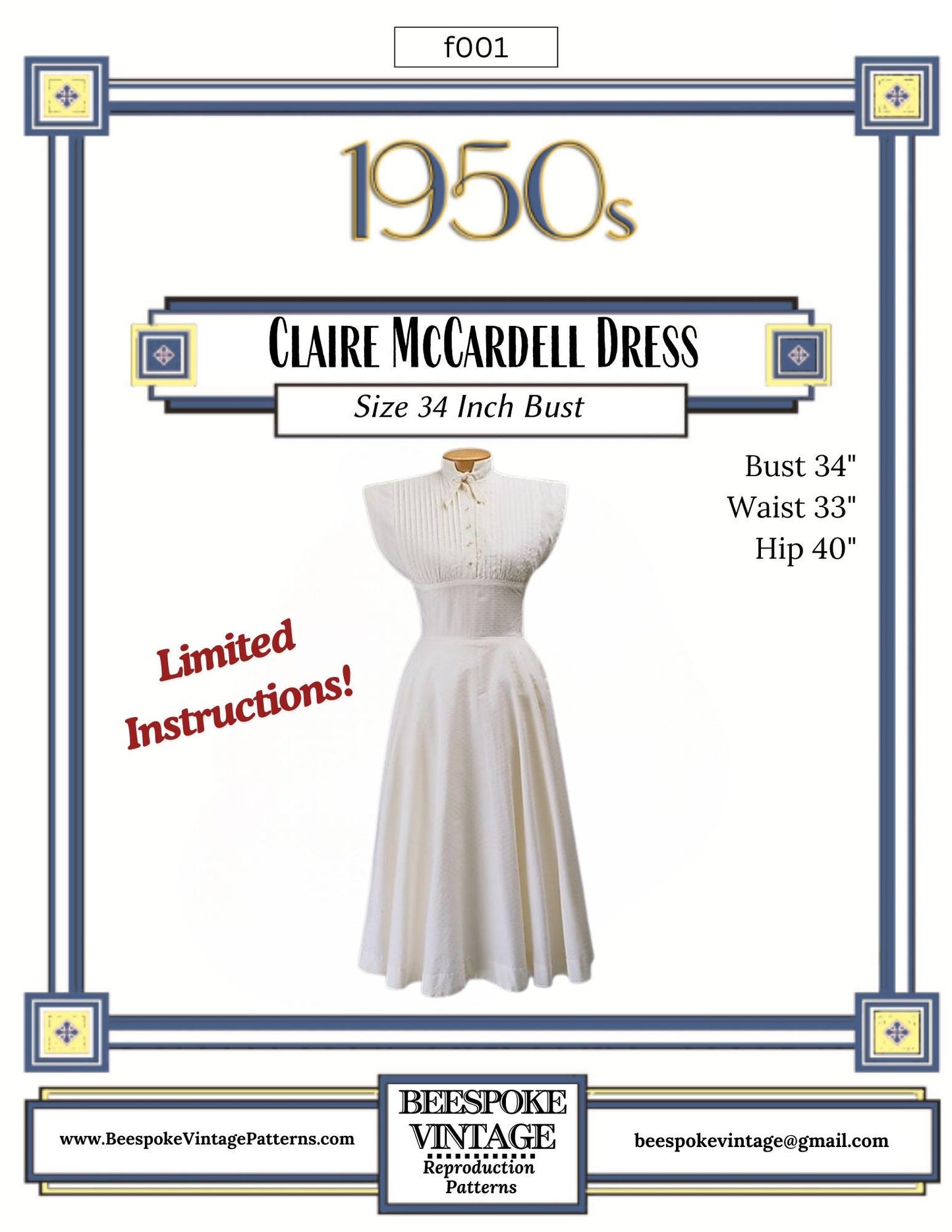 1950s Tucked Bodice Claire McCardell Dress Pattern - Bust 34" Waist 33" Reproduction Vintage Pattern #001 - PDF - Print At Home