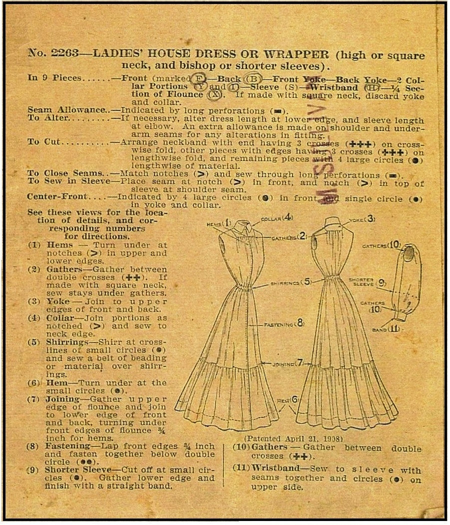 1900s Ladies House Dress or Wrapper - 1908 Pattern #E2263 - 38 Inch Bust