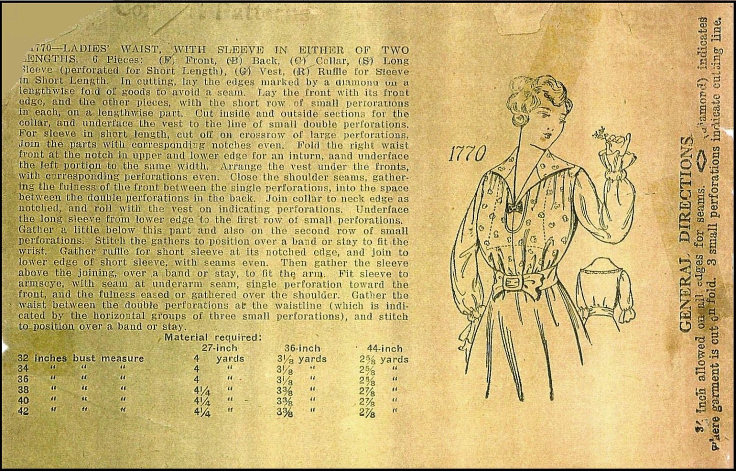 1910s Ladies Blouse With Ruffled Cuff - 1915 Pattern #E1770 - 38 Inch Bust