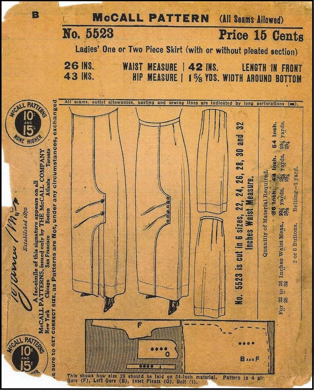 1910s Ladies Skirt With Front Pleated Panel - 1912 Pattern #E5523 - 26 Inch Waist