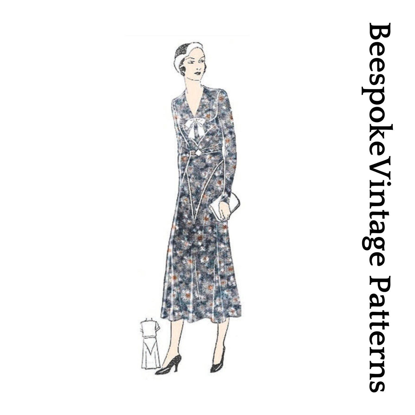1930s Ladies Day Dress With Jabot Collar & Deep V-Yoke - Reproduction 1936 Sewing Pattern #T0628 - 42 Inch Bust