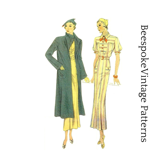 1930s Ladies Dress With Coat - Reproduction 1934 Sewing Pattern #T1418 - 36 Inch Bust