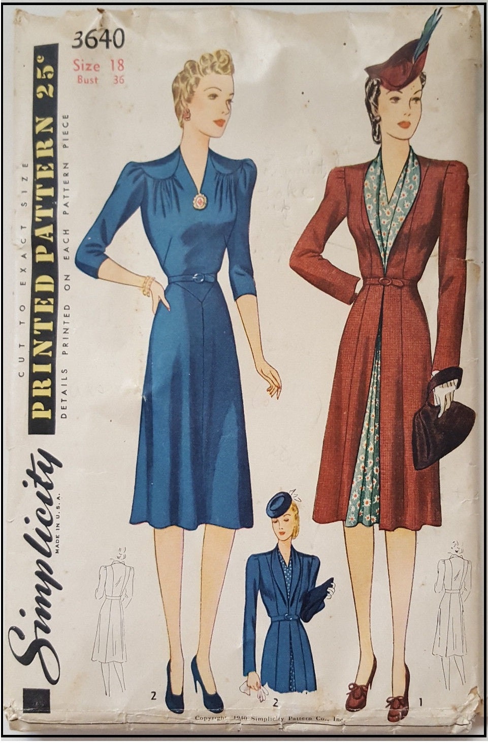 1940s Ladies Dress and Redingote - Reproduction 1941 Sewing Pattern #F3640 - 34 Inch Bust