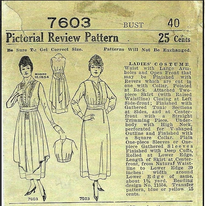 1910s Ladies Dress With Plain or Skirted Tunic - 1918 Reproduction Sewing Pattern #E7603 - 40 Inch Bust - Late Edwardian Dress