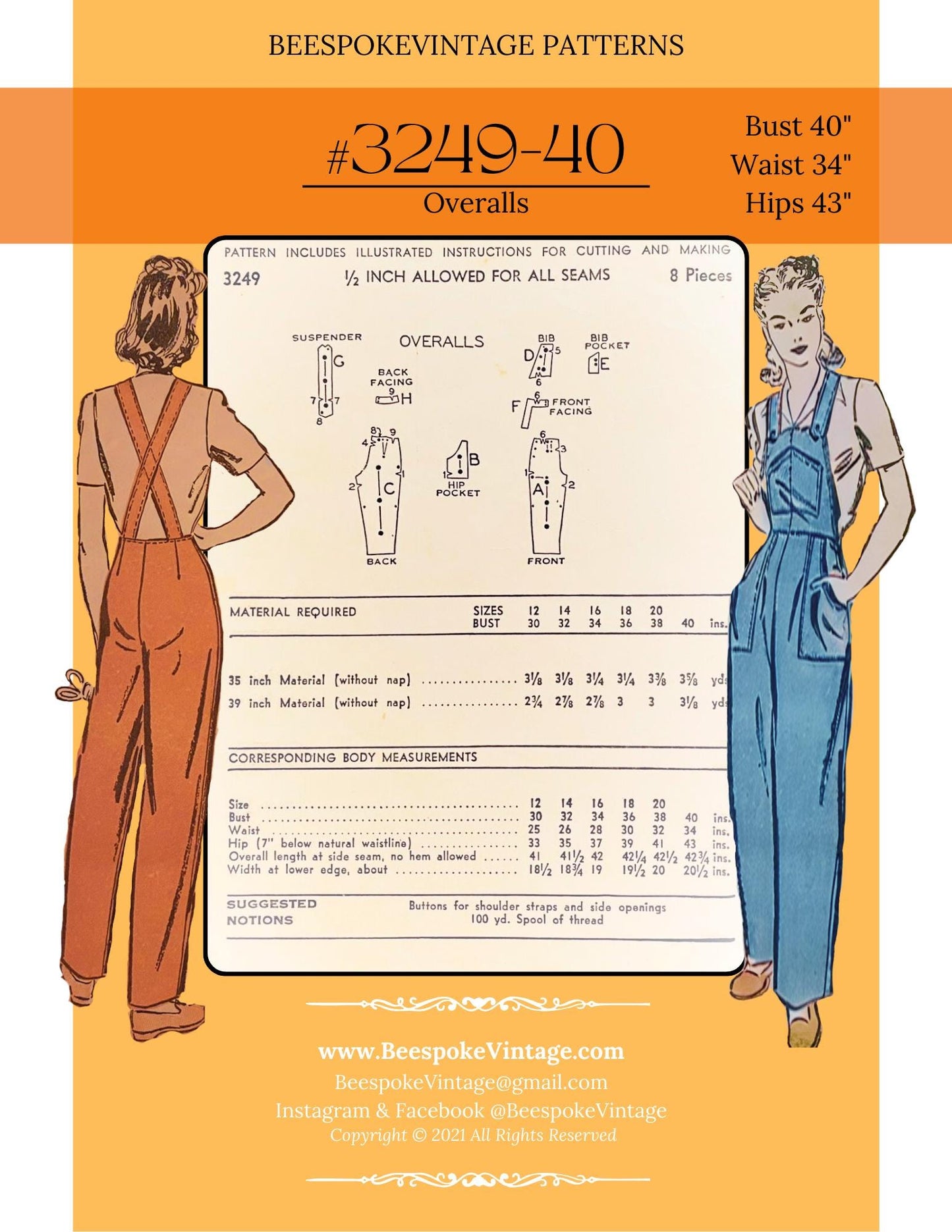 1940s Overalls - Bust 40" PDF Pattern - vintage pattern 1940s WWII Overalls Homefront Rosie the Riveter #f3249