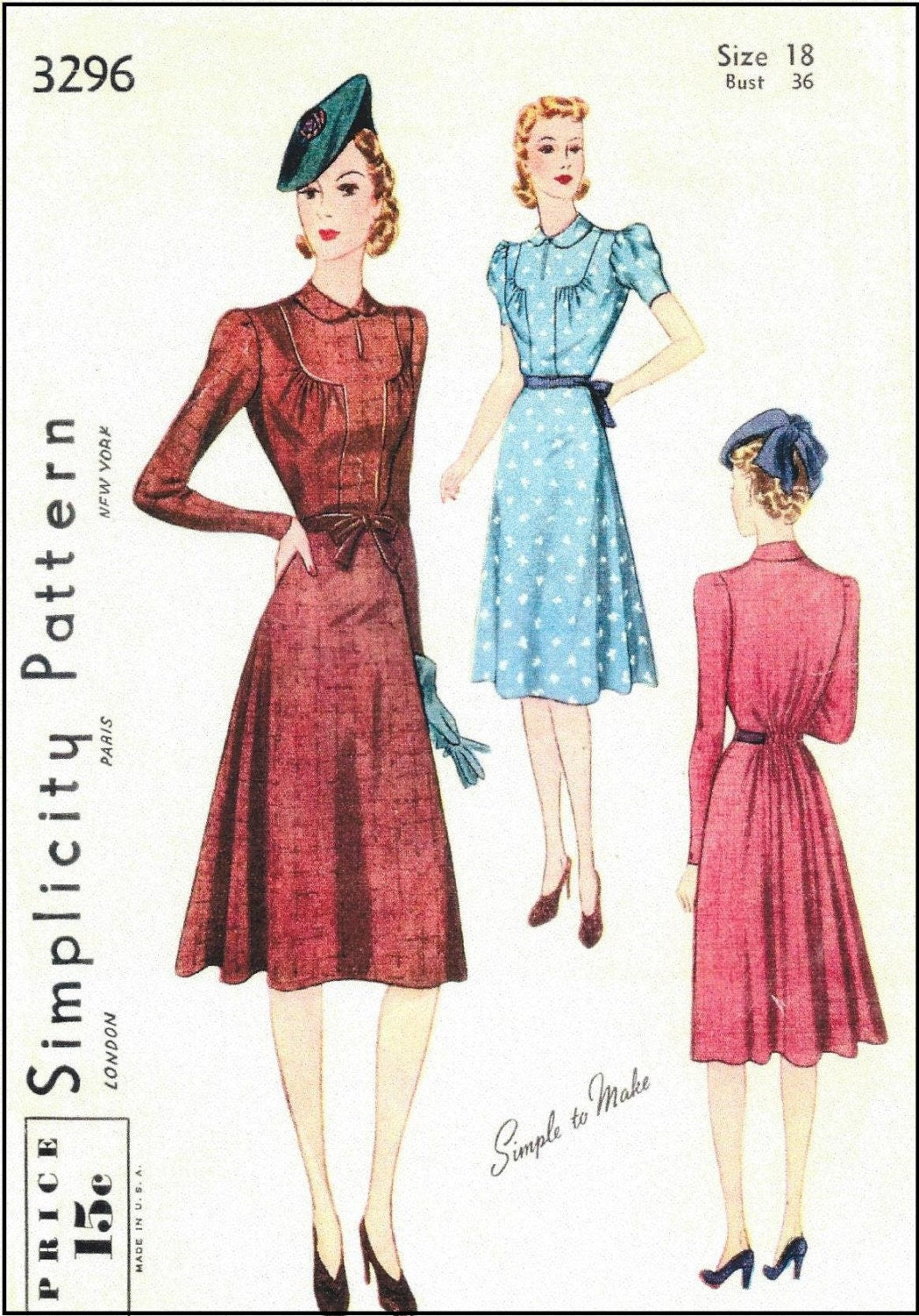 1940 Ladies Day Dress With Back Fullness - INSTANT DOWNLOAD - Reproduction Sewing Pattern #F3296 - 36 Inch Bust - PDF - Print At Home