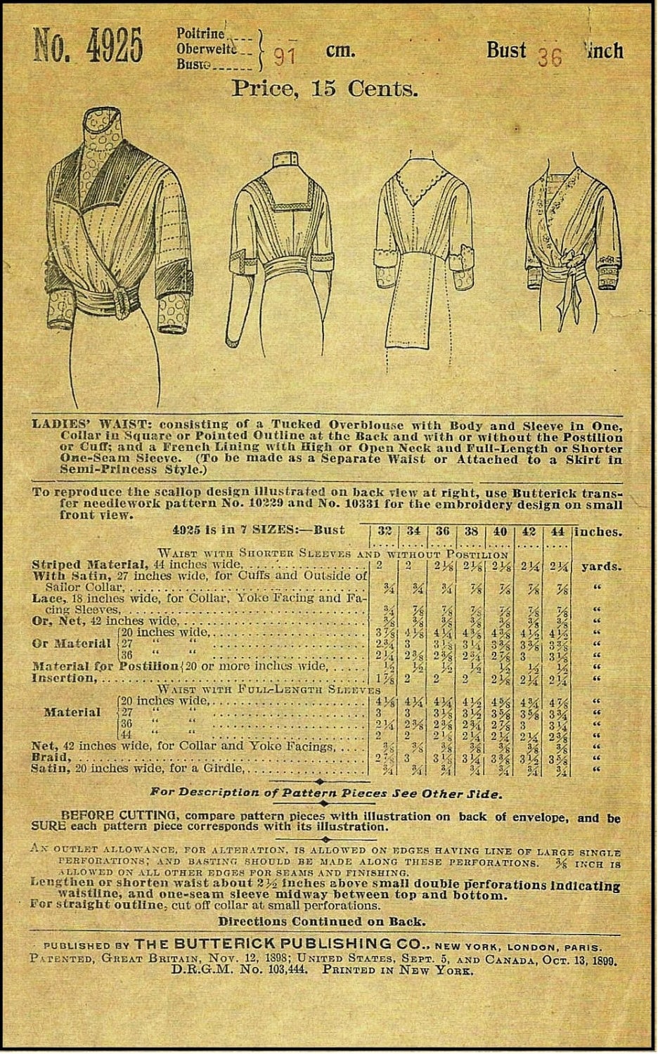 1912 Ladies Waist in Four Styles - INSTANT DOWNLOAD - Reproduction Sewing Pattern #E4925 - 36 Inch Bust - PDF - Print At Home