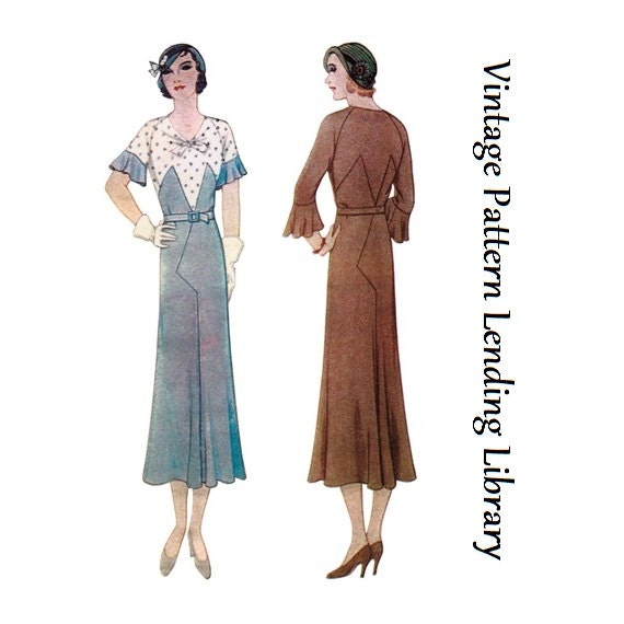 1930s Ladies Art Deco Style Dress With Sleeve Flare - Reproduction 1932 Sewing Pattern #T6895 - 38 Inch Bust