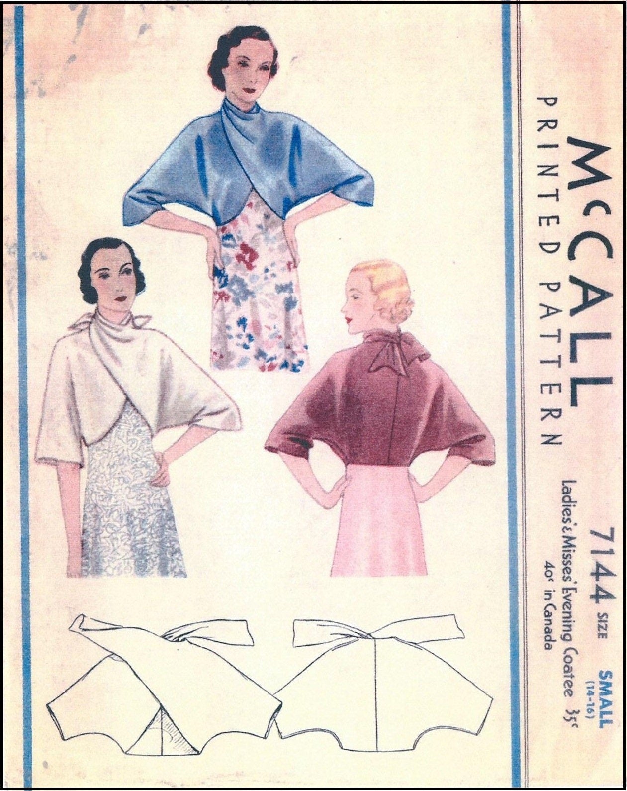 1930s Ladies Evening Wrap - Jacket With Back Tie Cross-Over Front -  Reproduction 1932 Sewing Pattern #T7144 - 32/34 Inch Bust