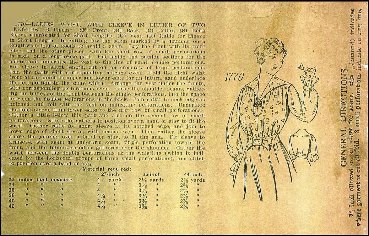 1910s Ladies Blouse With Ruffled Cuff - 1915 Reproduction Sewing Pattern #E1770 - 38 Inch Bust