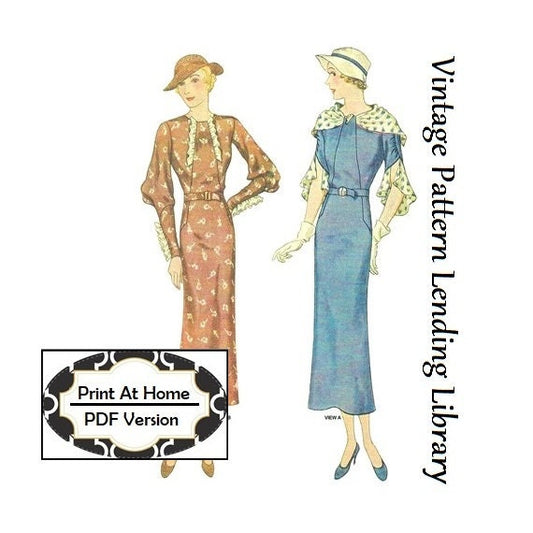 1930s Dress With Collar And Sleeve Options- INSTANT DOWNLOAD - Reproduction 1934 Sewing Pattern #T7744 - 44 Inch Bust - PDF - Print At Home