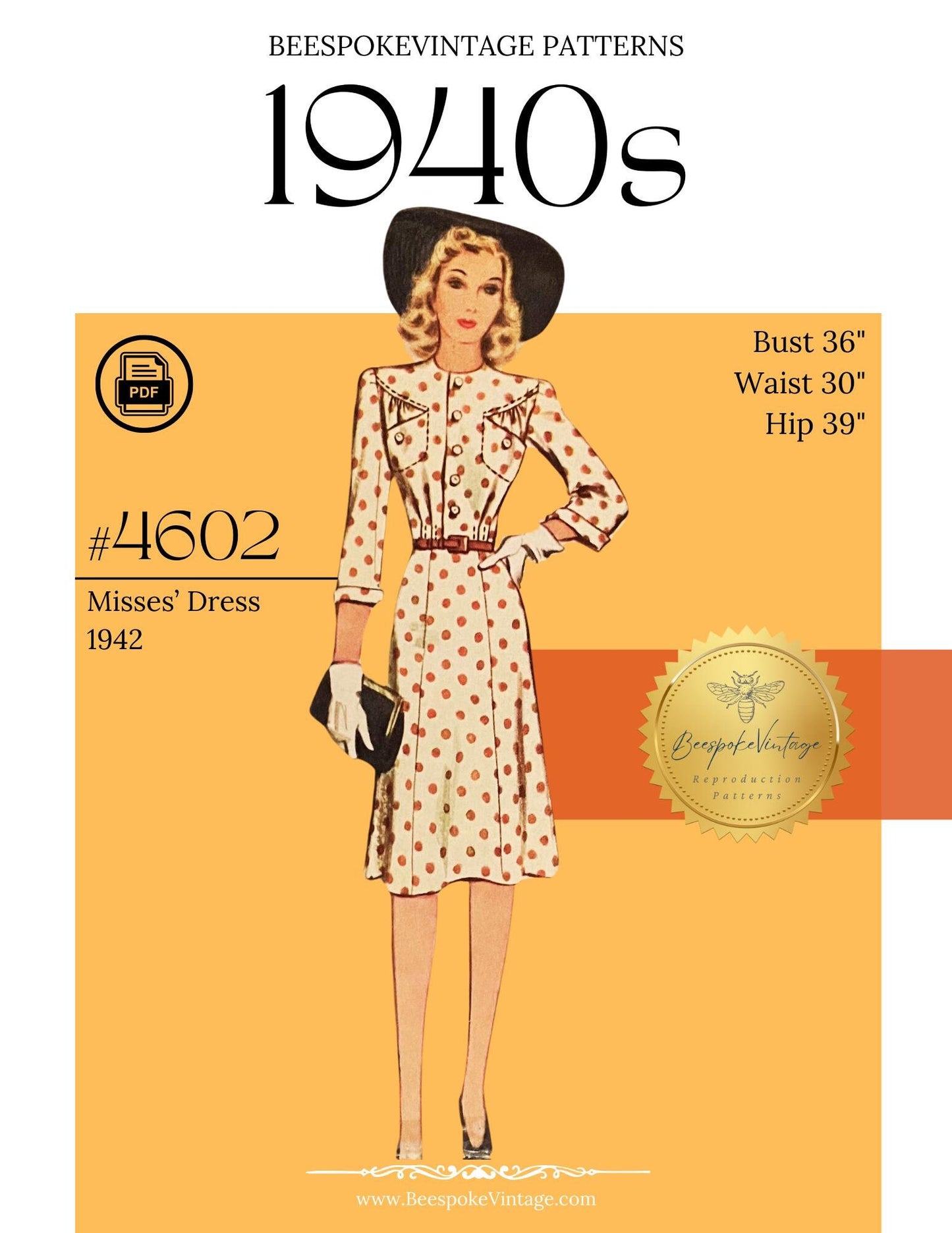 1940s WWII Dress with Breast Pockets - Bust 36" Reproduction Vintage Pattern #4602-36 - PDF - Print At Home