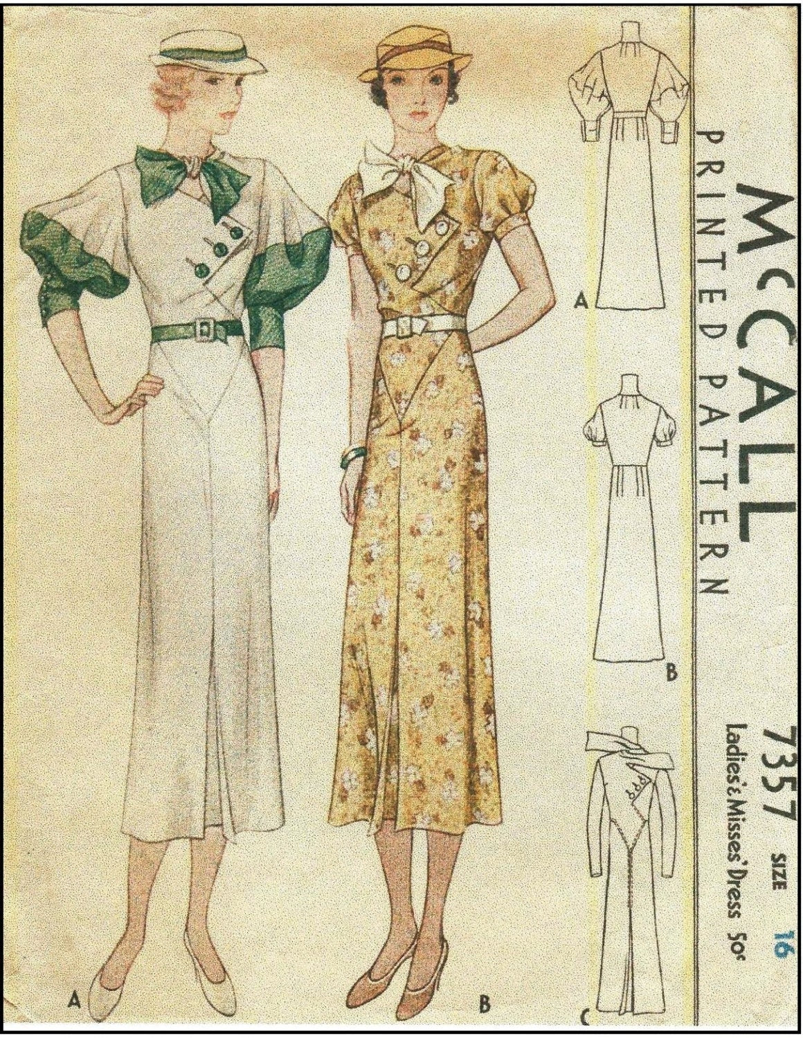 1930s Ladies Day Dress With Puff Sleeve Option - 1933 Art Deco Reproduction Sewing Pattern #T7357 - 34 Inch Bust