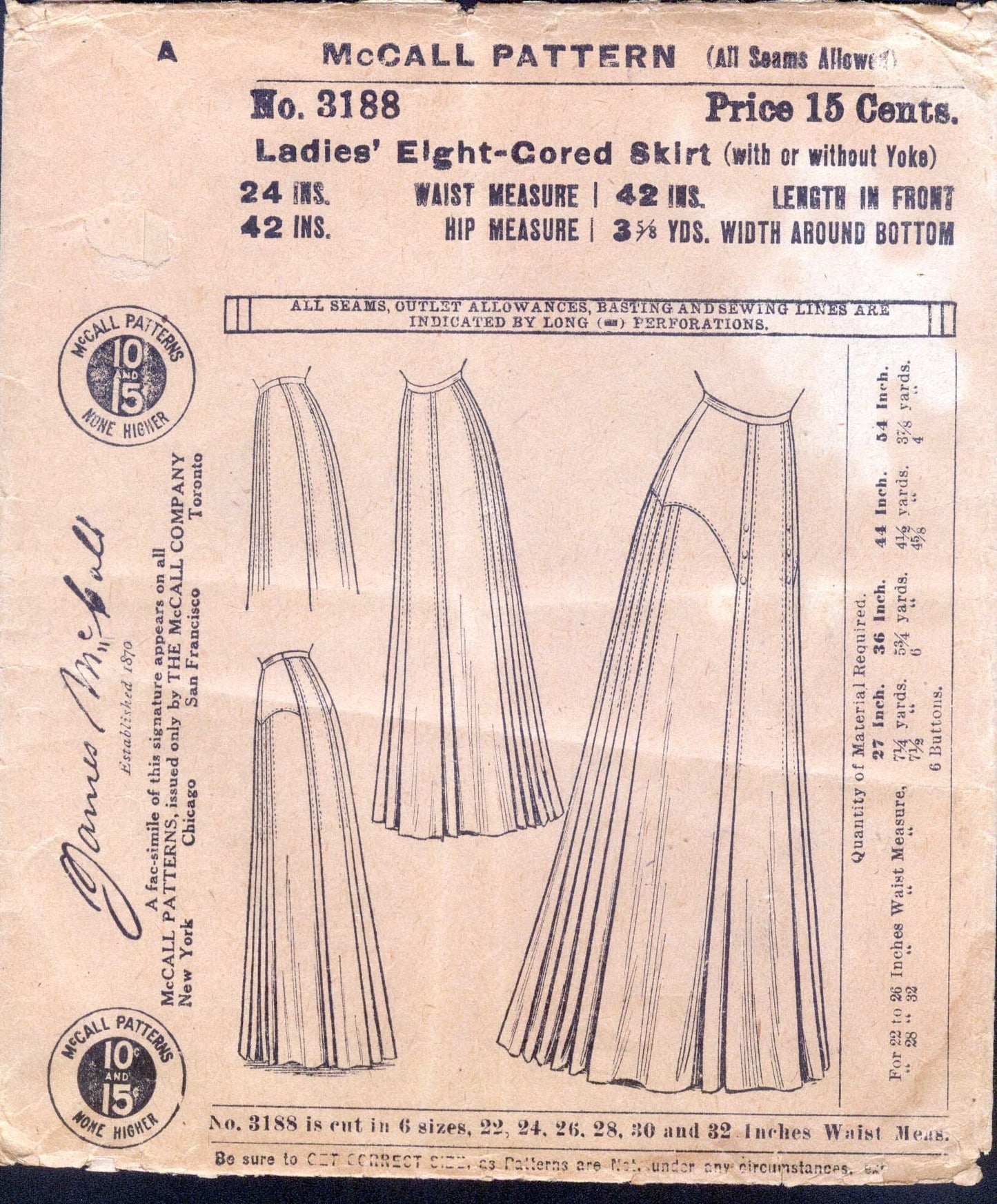 1909 Ladies Eight Gored Pleated Skirt With Optional Yoke - INSTANT DOWNLOAD - Edwardian Skirt #E3188 - 24 Inch Waist - PDF - Print At Home