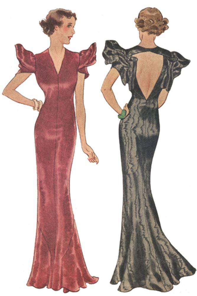 1930s Ladies Evening Gown With Pleated Sleeves - INSTANT DOWNLOAD - Reproduction 1934 Sewing Pattern #T8079 - 36 In Bust - PDF-Print At Home