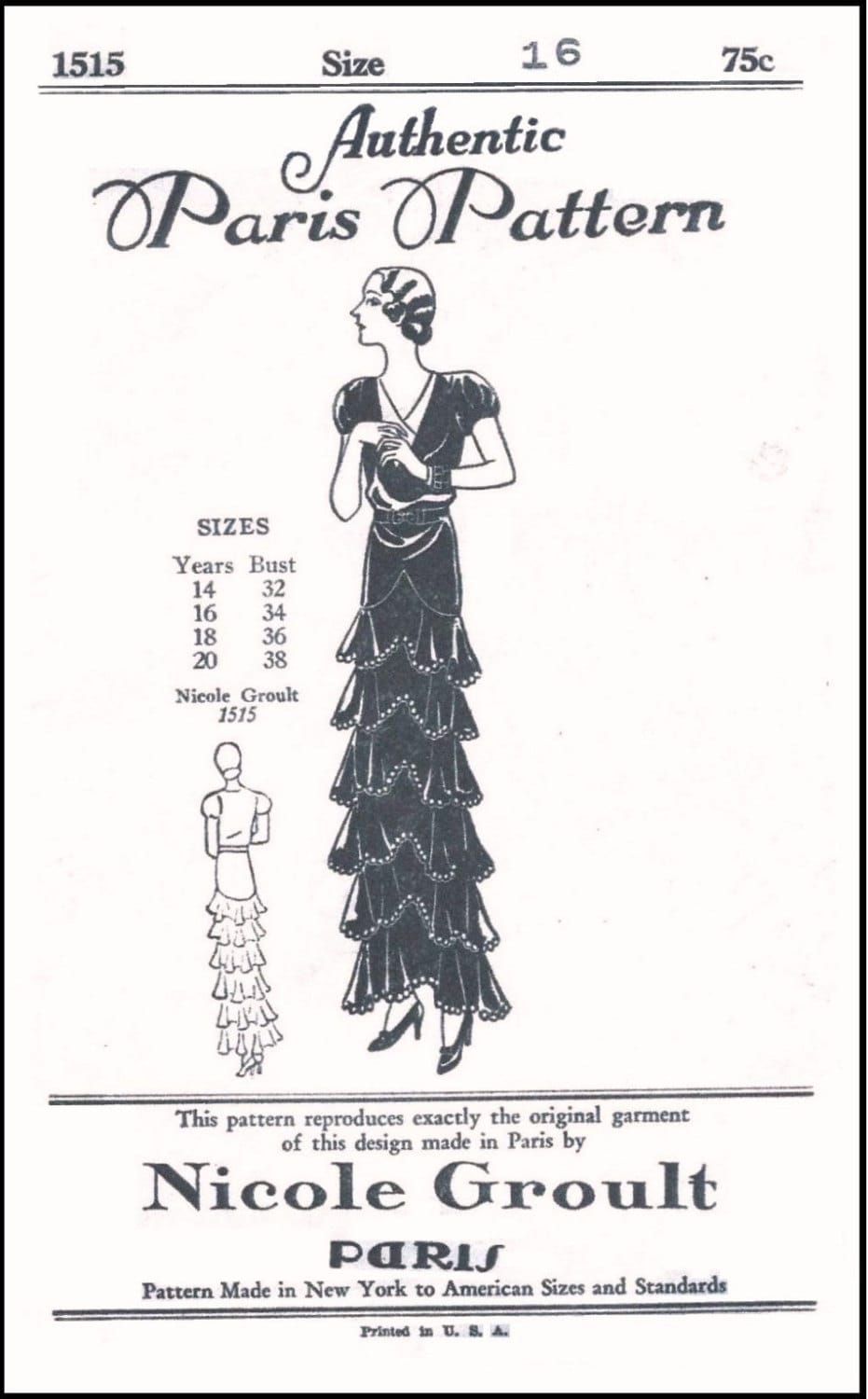 1930s Ladies Evening Gown With Ruffled Tiers by Nicole Groult - Reproduction 1931 Sewing Pattern #T1515 - 34 Inch Bust