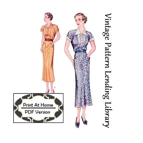 1930s Ladies Day Dress With Two Necklines - INSTANT DOWNLOAD - Reproduction 1936 Sewing Pattern #T8116 - 42 Inch Bust PDF - Print At Home