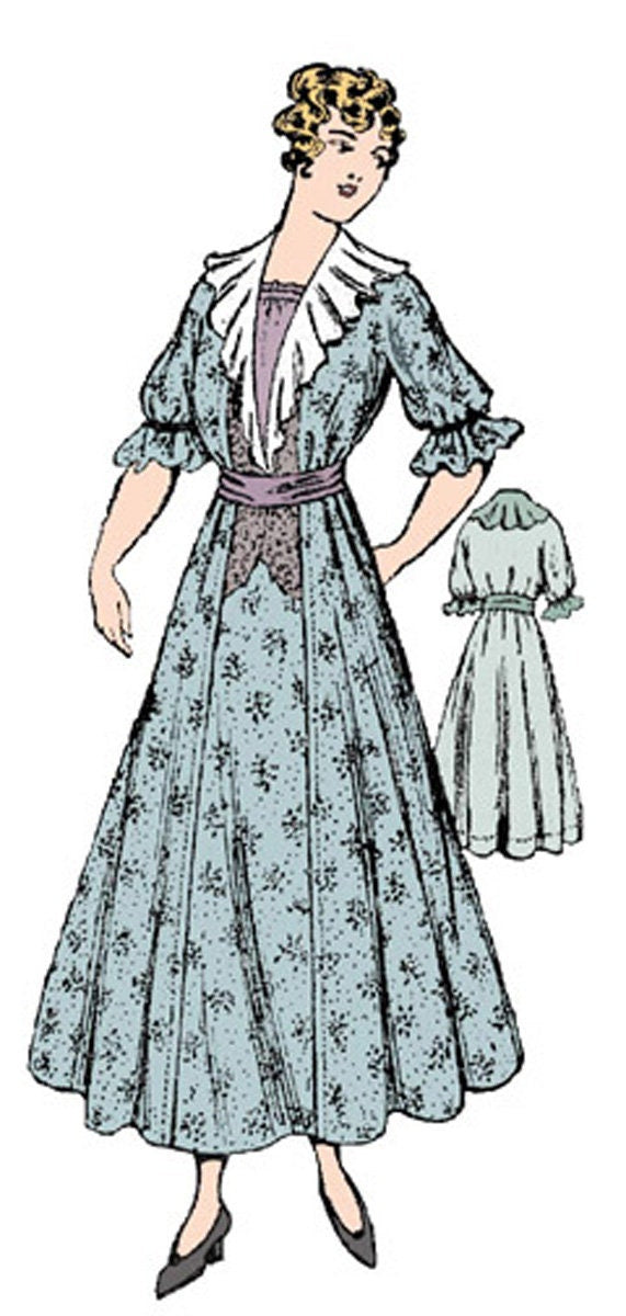 1910s Ladies Dress With Ruffled Lapels - 1915 Reproduction Sewing Pattern #E1775 - 38 Inch Bust