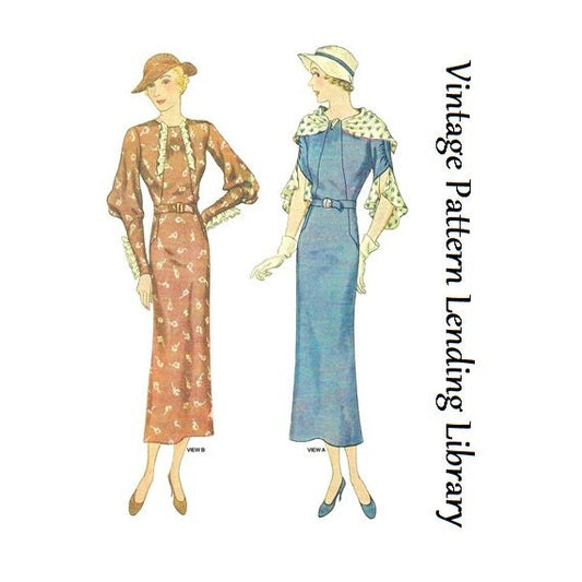 1930s Ladies Dress With Collar And Sleeve Options- Reproduction 1934 Sewing Pattern #T7744 - 44 Inch Bust