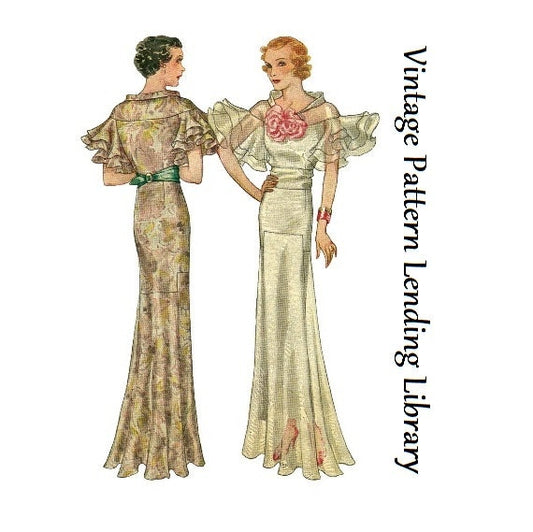 1930s Ladies Evening Gown With Wing Sleeves - Reproduction 1934 Sewing Pattern #T7653 - 34 Inch Bust