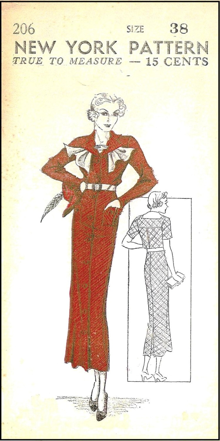 1930s Ladies Dress With Scarf Jabot- Reproduction 1935 Sewing Pattern #T0206 - 38 Inch Bust