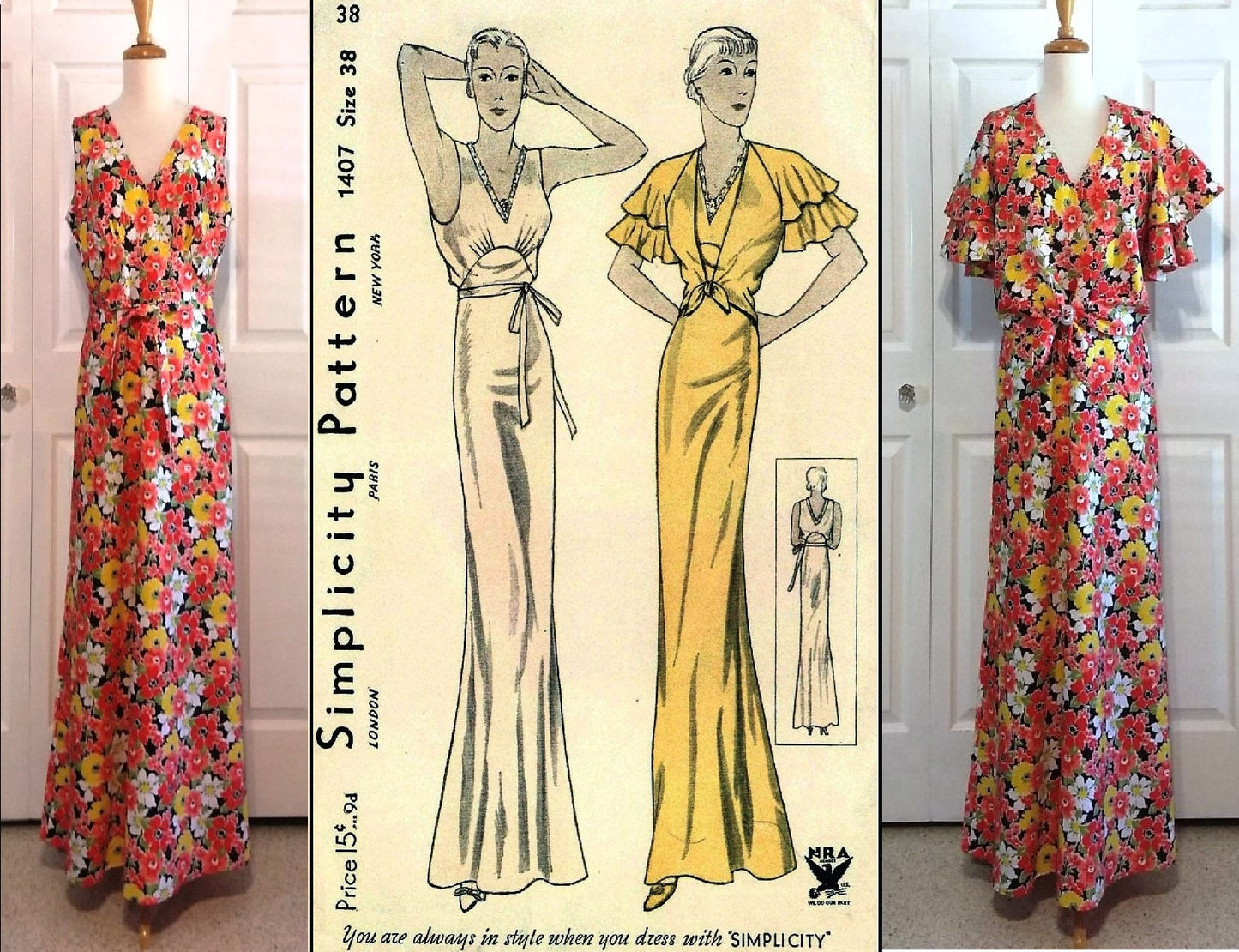 1930s Ladies Lingerie Nightgown with Jacket - INSTANT DOWNLOAD - Reproduction 1934 Sewing Pattern #T1407 - 38 Inch Bust -PDF - Print At Home