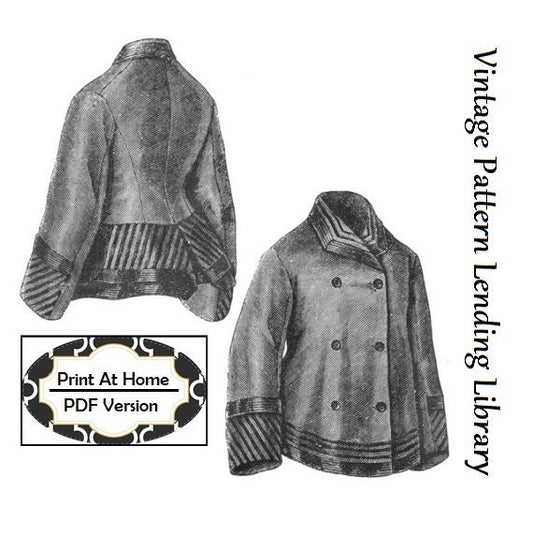 1870s Ladies Sacque Jacket - INSTANT DOWNLOAD - Victorian Era Reproduction 1876 Sewing Pattern #E0175 - 32/34 Inch Bust- PDF - Print At Home