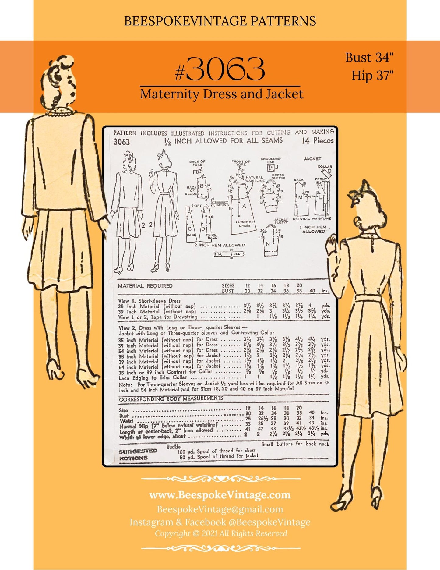 1940s Maternity Dress and Jacket - Bust 34" WWII 1942  Reproduction Vintage Pattern #3063-34 - PDF - Print At Home