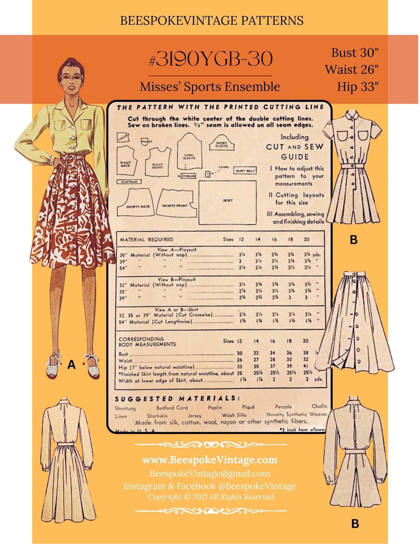 1930s Misses' Sports Ensemble Playsuit & Skirt - Bust 30" - vintage sz 12 - Reproduction Vintage Pattern #3190-30 - PDF - Print At Home