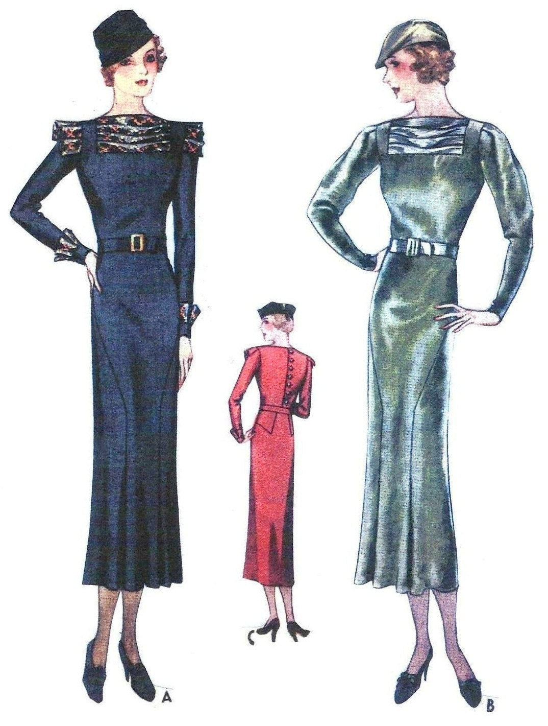 1930s Ladies Dress With Pleated Neckline & Sleeves - Reproduction 1933 Sewing Pattern #T7611 - 32 Inch Bust